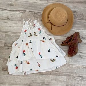 White Flowy Boho Embroidered With Flowers Top NWOT